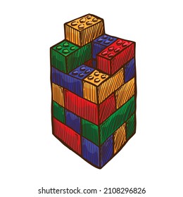 Plastic blocks tower vector illustration of children toy isolated on white background