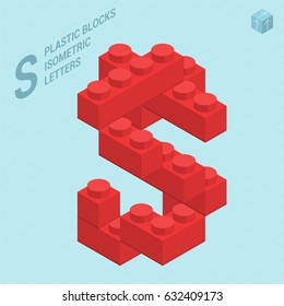 Plastic blocs constructor 3D isometric flat design typeface letter S