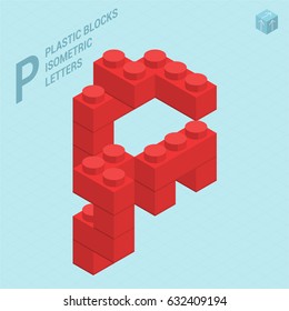 Plastic blocs constructor 3D isometric flat design typeface letter P