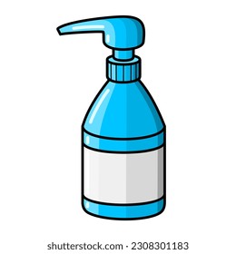 Plastic blue bottle with dispenser pump. Shampoo for grooming dogs and cats. Care product for puppies and kittens. Accessories and goods for pet shop. Cartoon isolated vector.