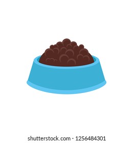 Plastic blue bowl with pet food on white background. Vector illustration.  Canned, dry food for cats or dogs.
