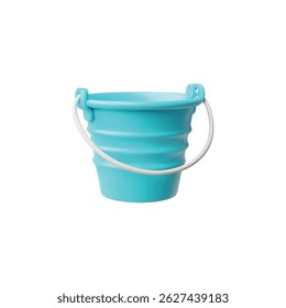 Plastic blue bucket with handle 3D cartoon plastic style icon. Realistic housekeeping tool, cleaning equipment. Vector render illustration isolated on white background