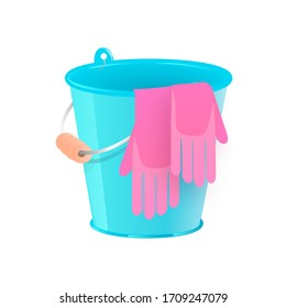 Plastic blue bucket with rubber gloves for household cleaning and home washing. metalic bucket, pail and container with handle, household equipment. Isolated vector cartoon illustration.