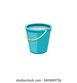 Plastic blue bucket with water for household cleaning and home washing. Plastic bucket, pail and container with handle, household equipment. Isolated vector cartoon illustration.