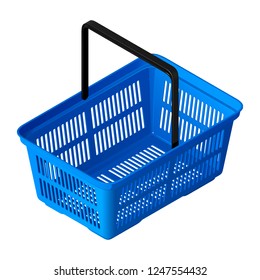 Plastic blue empty shopping cart in isometric view. Isolated vector illustration on white background.