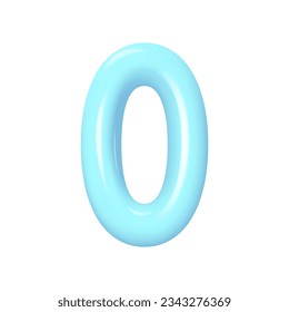 Plastic blue number 0. 3d realistic volumetric number 0 with highlights. Vector illustration