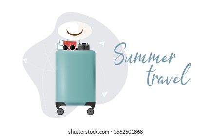 Plastic blue suitcase with hat, camera, glasses, tickets. Travel bag for summer vacation. Minimal design realistic sticker for abstract travel advertising, card,  banner, book. Vector Illustration