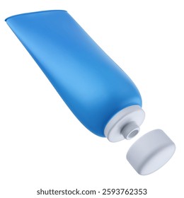 Plastic blue tube for cream, tooth paste or gel in 3d cartoon glossy style. Realistic food or hygiene package. Vector illustration of healthcare equipment.