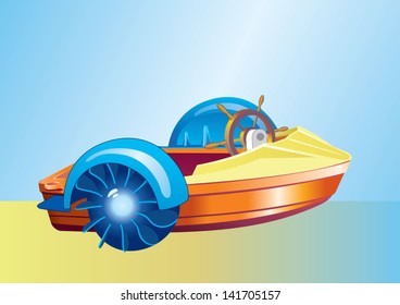 Plastic boat for fun, is on the shore.