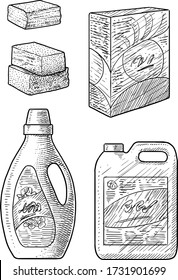 Plastic bootle, washing powder, soap, detergent, illustration, drawing, engraving, ink, line art, vector