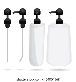 Plastic bottle and black dispenser design set of Top view, Side view isolated on white background.