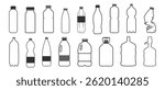 Plastic bottle black icon set isolated on transporent. Water bottle flat line style set. Pet bottle plastic. Small and large bottles for water, milk and other drinks