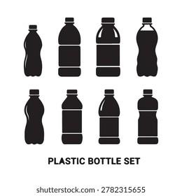 Plastic bottle black icon set isolated on transporent. Water bottle flat style set. Pet bottle plastic. Small and large bottles for water, milk and other drinks. Vector icon.
