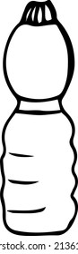 Plastic bottle. Black and white vector illustration, hand-drawn. Isolated object on a white background. Clipart, template, sketch.