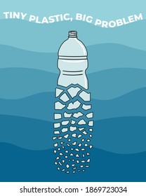 The plastic bottle breaks up into small pieces. Microplastics in water from mismanaged plastic waste. Marine and ocean plastic pollution. Global environmental problems. Hand drawn vector illustration.