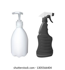 Plastic bottle. Cap with a dispenser and a spray. Vector illustration. Packaging for soap and cleaning products.
