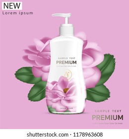 Plastic bottle cap with lid Realistic for body lotion, milk shampoo for skin care, packaging with beautiful roses, vector