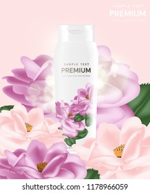 Plastic bottle cap with lid Realistic for body lotion, milk shampoo for skin care, packaging with beautiful roses, vector