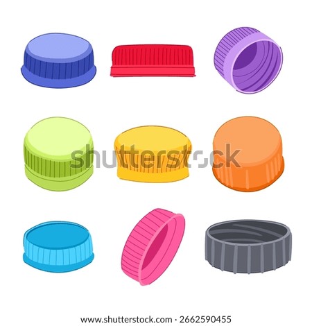 plastic bottle cap set cartoon. pollution waste, environment reuse, landfill biodegradable plastic bottle cap sign. isolated symbol vector illustration
