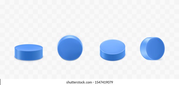 Plastic bottle caps set isolated on transparent background. Blue round corrugated lids design for mineral water or beverage flask top and side view. Realistic 3d vector illustration, icon, clip art