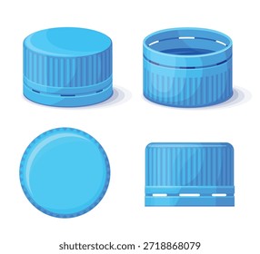 Plastic bottle caps. Water bottle cap screw lid top side turn view, mineral soda drink container cover beverage storage liquid stopper mockup cartoon icons neat vector illustration