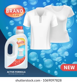 Plastic bottle with clean laundry detergent. Advertising vector background. Illustration of detergent product bottle advertising banner