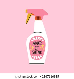 Plastic bottle with cleaner for mirrors and glass in spray. House cleaning. 
Household goods for housework routine.
Colorful vector illustration isolated on pink background.