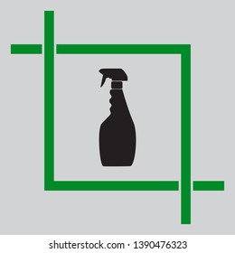 Plastic bottle for cleaning. Black icon inside green crop tool at light gray background