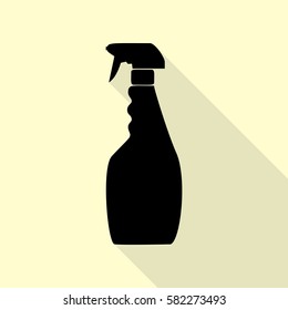 Plastic bottle for cleaning. Black icon with flat style shadow path on cream background.
