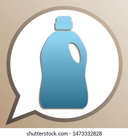Plastic bottle for cleaning. Bright cerulean icon in white speech balloon at pale taupe background. Illustration.