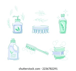 Botella de plástico con detergente de limpieza y cepillo como herramienta doméstica y desinfectante para el conjunto de vectores de lavado