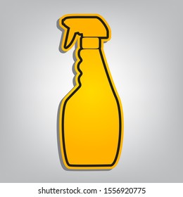 Plastic bottle for cleaning. Flat orange icon with overlapping linear black icon with gray shadow at whitish background. Illustration.