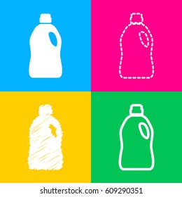 Plastic bottle for cleaning. Four styles of icon on four color squares.