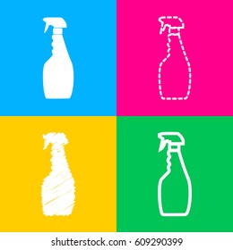 Plastic bottle for cleaning. Four styles of icon on four color squares.