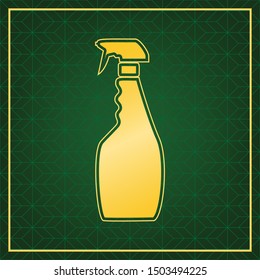 Plastic bottle for cleaning. Golden icon with gold contour at dark green gridded white background. Illustration.