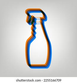 Plastic bottle for cleaning. Stroked Icon in orange, azure and old lavender Colors at gray Background. Illustration.