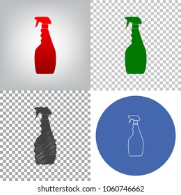 Plastic bottle for cleaning. Vector. 4 styles. Red gradient in radial lighted background, green flat and gray scribble icons on transparent and linear one in blue circle.