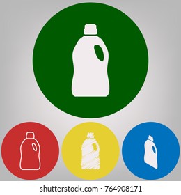 Plastic bottle for cleaning. Vector. 4 white styles of icon at 4 colored circles on light gray background.