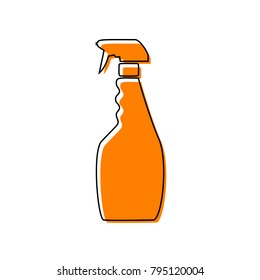 Plastic bottle for cleaning. Vector. Black line icon with shifted flat orange filled icon on white background. Isolated.