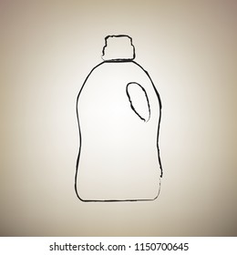 Plastic bottle for cleaning. Vector. Brush drawed black icon at light brown background.