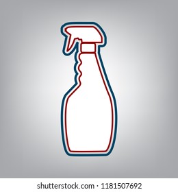 Plastic bottle for cleaning. Vector. Dark red, transparent and midnight green stroke of white icon at grayish background.