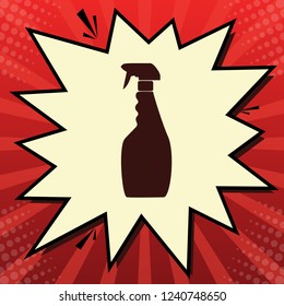 Plastic bottle for cleaning. Vector. Dark red icon in lemon chiffon shutter bubble at red popart background with rays.