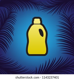 Plastic bottle for cleaning. Vector. Golden icon with black contour at blue background with branches of palm trees.