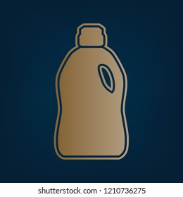 Plastic bottle for cleaning. Vector. Golden icon and border at dark cyan background.