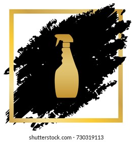 Plastic bottle for cleaning. Vector. Golden icon at black spot inside golden frame on white background.