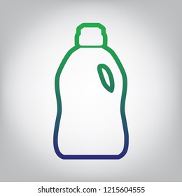 Plastic bottle for cleaning. Vector. Green to blue gradient contour icon at grayish background with light in center.