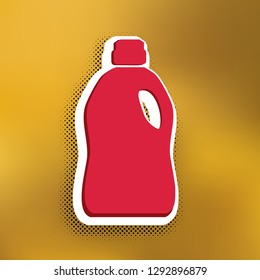 Plastic bottle for cleaning. Vector. Magenta icon with darker shadow, white sticker and black popart shadow on golden background.