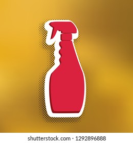 Plastic bottle for cleaning. Vector. Magenta icon with darker shadow, white sticker and black popart shadow on golden background.