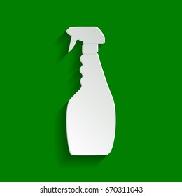 Plastic bottle for cleaning. Vector. Paper whitish icon with soft shadow on green background.