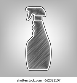 Plastic bottle for cleaning. Vector. Pencil sketch imitation. Dark gray scribble icon with dark gray outer contour at gray background.